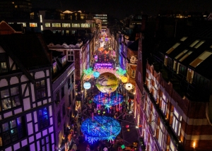 EDITORIAL USE ONLY
General views of this year's Carnaby Christmas installation, titled Carnaby Celebrates, in partnership with this year’s charity partner Choose Love, featuring a medley of iconic lights from the last 25 years. Picture date: Tuesday November 8, 2022. PA Photo. Themes include an underwater seascape, space, giant snowmen, robins and collaborations with two of the world's most famous bands; the Rolling Stones and Queen. Over 100 retail stores, restaurants, pubs and independent businesses in Carnaby, come together to provide visitors an experiential event with promotions, live music and more. Photo credit should read: Ben Queenborough/PA Wire